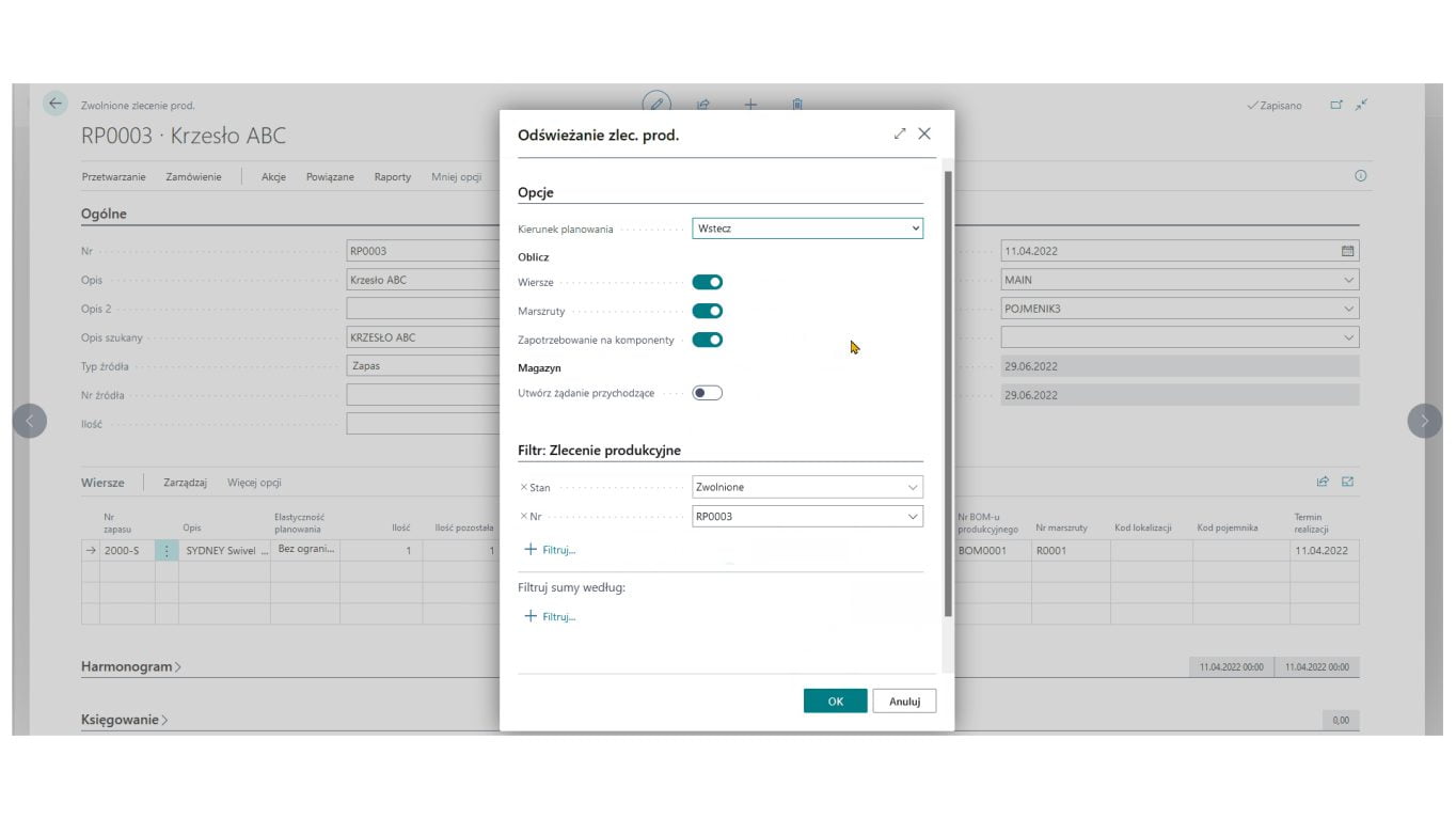 Zlecenie produkcyjne core manufacturing business central