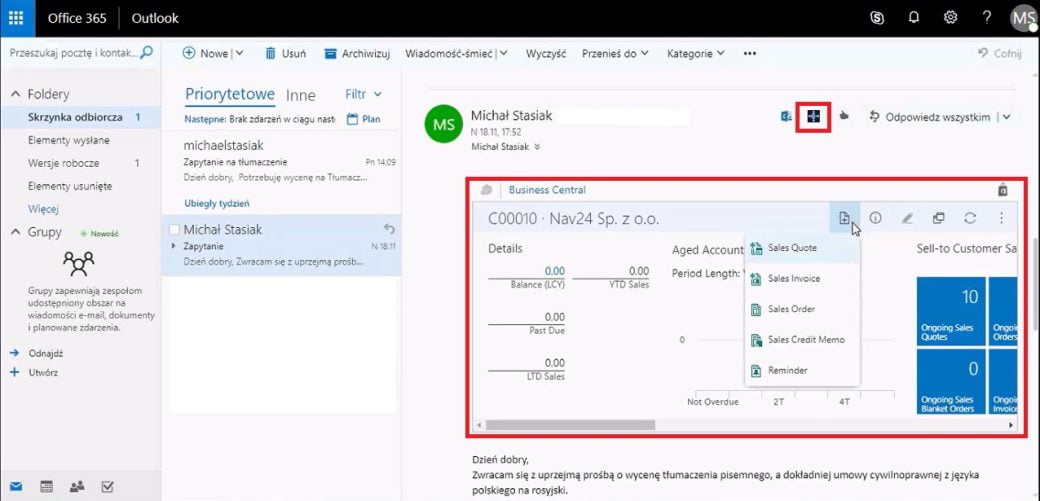 integracja bc z outlook Microsoft Dynamics 365 Business Central